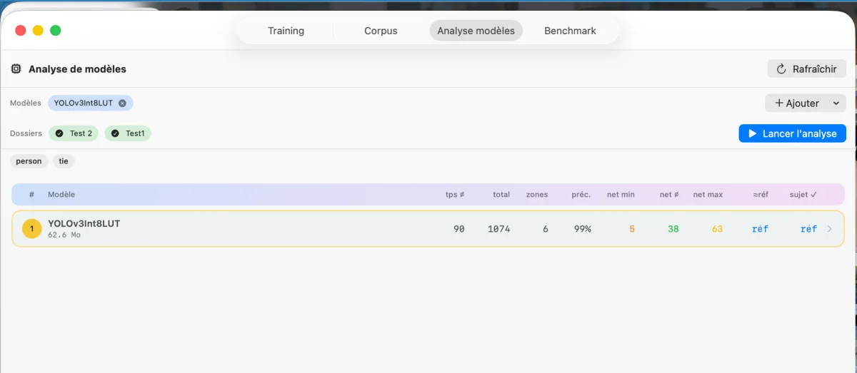 Analyse modèles — tableau de benchmark : temps, précision, statistiques de netteté